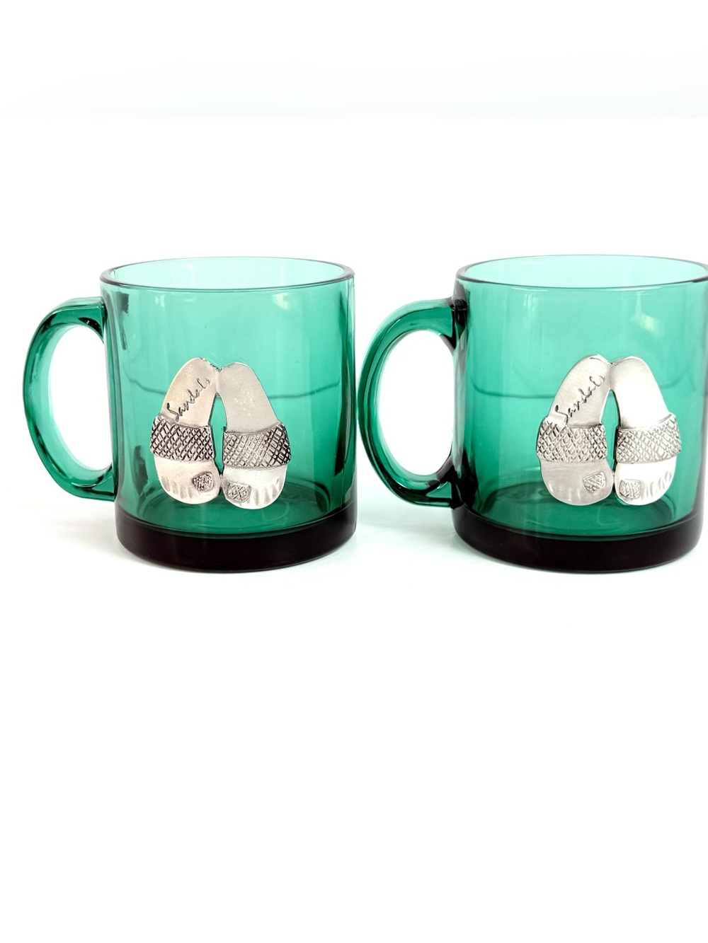 Vintage Set (2) Wendell August Green Glass Pewter Sandals Summer Mugs Thick USA